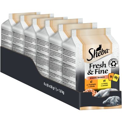 Megapack Sheba Fresh & Fine Kattenvoer 6 x 50 g Rundvlees, Kip Lam in Saus Megapack Sheba Fresh & Fine Kattenvoer 6 x 50 g Rundvlees, Kip Lam in Saus
